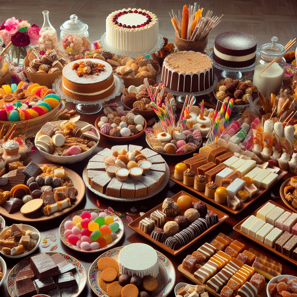 Mesa de dulces con variedad de presentaciones, chocolates, postres, dulces mexicanos típicos.